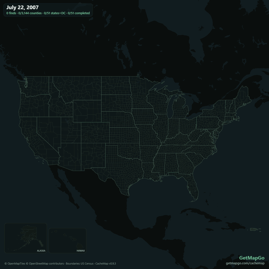 Animated example of CacheMap lighting up US counties as geocaching finds accumulate over the years