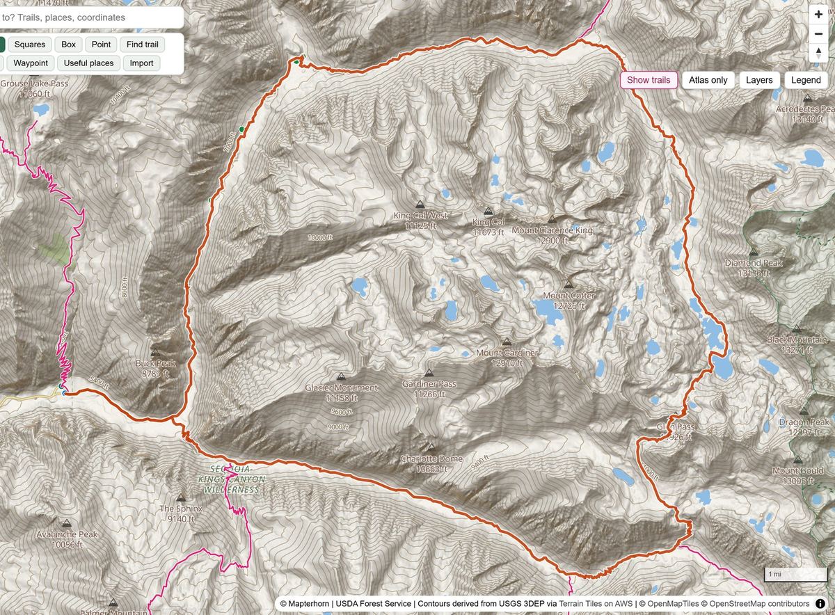 GetMapGo Plan showing the Rae Lakes Loop on a topo map