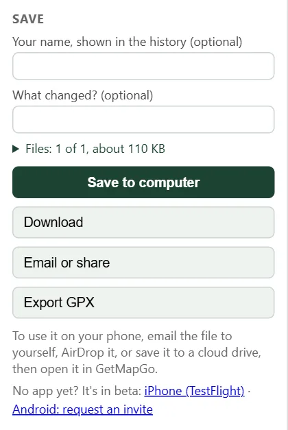 The Save section: optional name and what-changed fields, Files, and the buttons Save to computer, Download, Email or share and Export GPX.