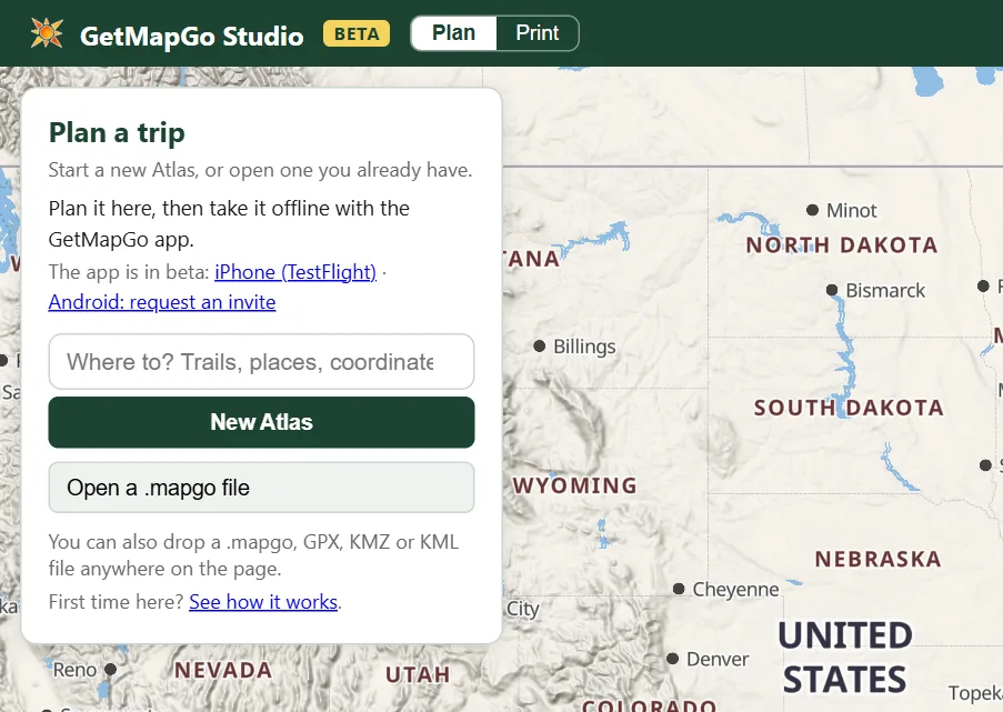 The Plan start card over a map of the western US: Plan a trip, a Where to? search box, a New Atlas button and Open a .mapgo file.